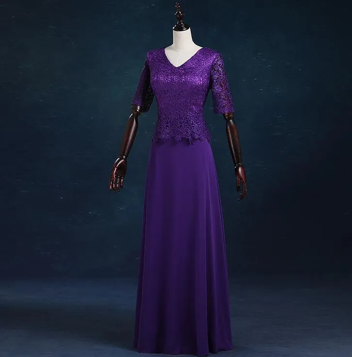 花嫁のドレスの暗い紫色の母親のレースシフォンの結婚披露宴のドレス母のドレスジッパーバックハーフスリーブ安い
