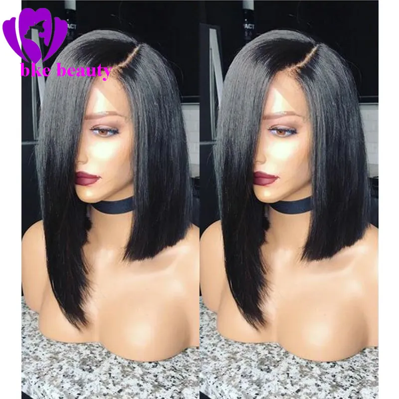 parte lateral Glueless Bob Wig brasileira Liso Curto rendas frente perucas para mulheres negras calor peruca sintética resistente com cabelo do bebê