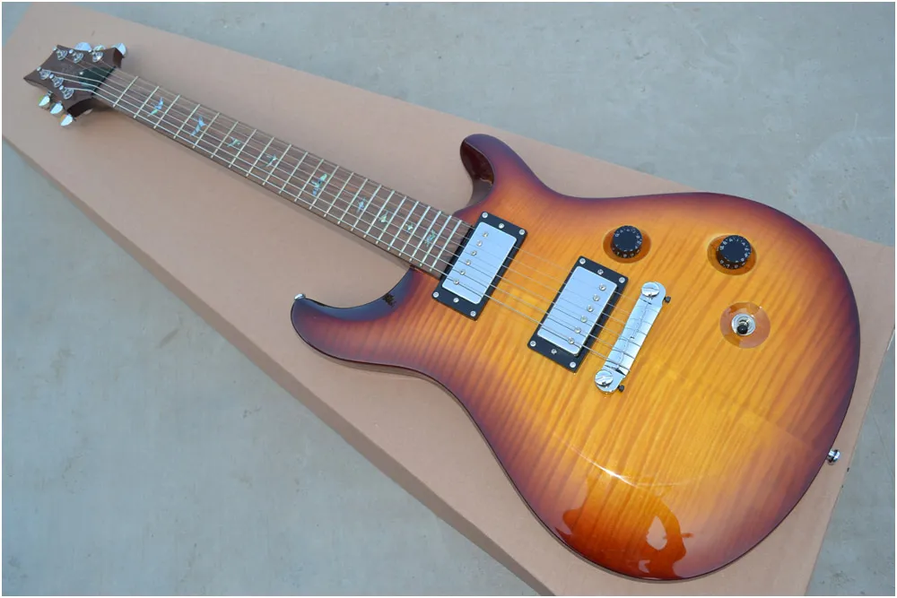 Custom Paul Reed Flame Maple Top Sunburst Jaune Ambre Brun Guitare Électrique MOP Oiseaux Incrustation De Touche Or Matériel Multi Couleur Disponible