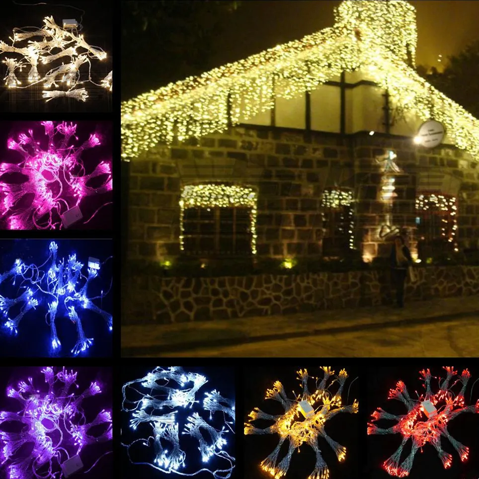 10 x 1m 448 LED rideau glaçons de cordes de cordes de rideau LED fées Lampes de Noël Lumes de Noël Lights Xmas Mariage Décoration 110V 10pcs / Lot