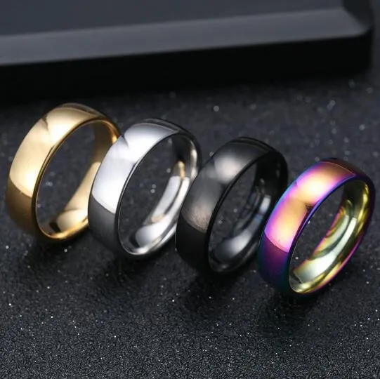 Bulkpartier 100st Mix Lot Gold Silver Black Rainbow 6mm Rostfritt Stål Bröllopsringar Enkel Band Hot Sale Engagement Rings Unisex Smycken