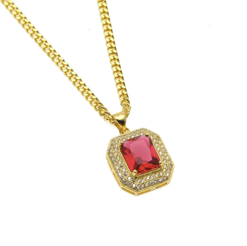 New Fashion 18k Gold Plated Cuban Chain and Synthetic Mini Red Blue Bling Ruby Pendant Necklace Men Women Hip Hop Necklace Jewelry