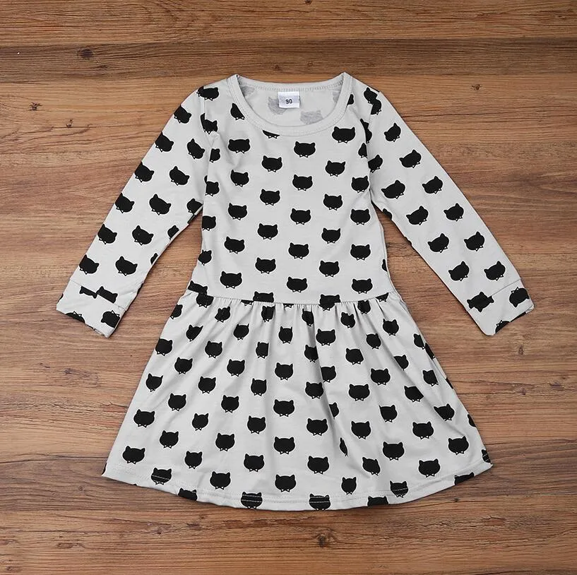 Ropa para niños Vestido de niña de algodón de manga larga con sello negro elástico plisado Zou vestido cómodo costura ropa de niña Vestido de gato de dibujos animados