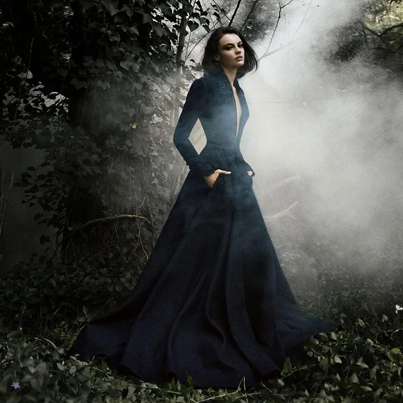 Paolo Sebastian Navy Blue Satin Evening Dresses - Custom Made Beaded  Embroidered Ball Gowns with Plunging V Neck for Formal Party