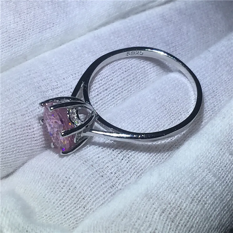 Vecalon Fine Jewelry Bague solitaire en argent sterling 925 5A Rose Zircon Cz Bague de fiançailles pour femme Cadeau de mariée