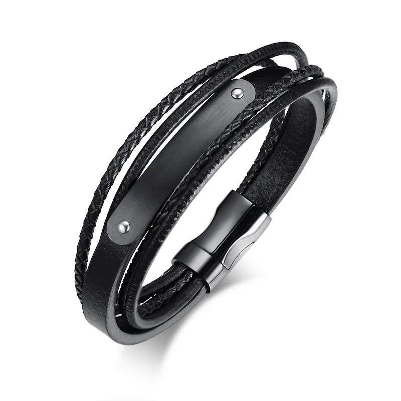 Free Engraving Matt Blank Curved Plate Leather & Stainless Steel Bracelet Wrap Black Wristband Gifts for Men