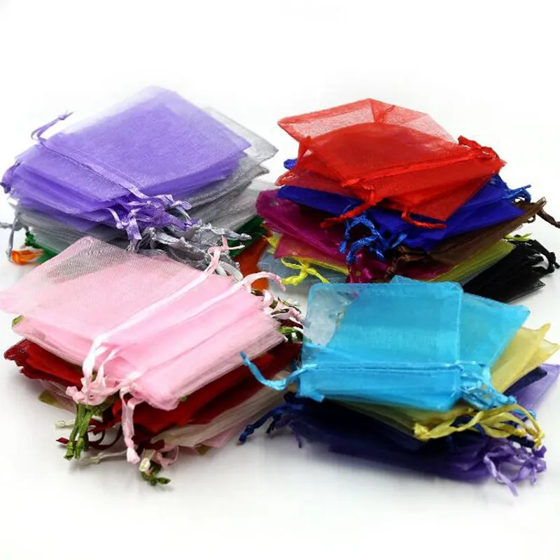 Sacchetti di gioielli all'ingrosso MISTI Gioielli in organza Festa di nozze Sacchetti regalo di Natale Viola Blu Rosa Giallo Nero con coulisse 7 * 9 cm