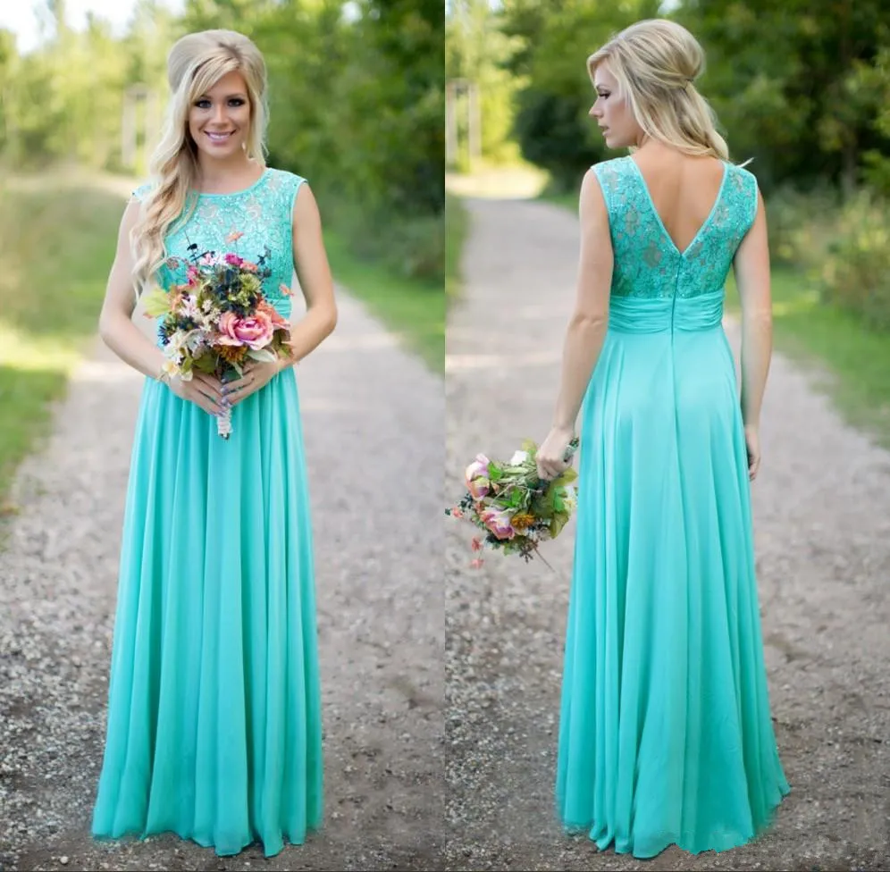 Country stijl turquoise bruidsmeisje jurken ronde hals kanten chiffon lange bruidsmeisje bruiloft feestjurken zomer