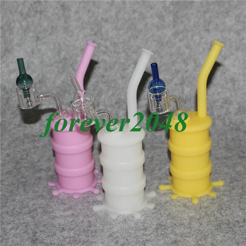 Glow in the dark Silicone Hookah Bongs pipe à eau en silicone pour plate-forme pétrolière avec clou en quartz transparent à double tube et bouchon de carpe en verre