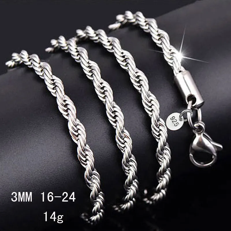 925 Sterling silver 2MM 3MM Twisted Rope Chain naszyjniki dla kobiet moda męska biżuteria 16 18 20 22 24 26 28 30 cali