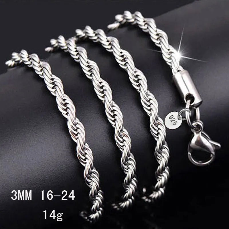 925 Sterling silver 2MM 3MM Twisted Rope Chain Necklaces For Women Men Fashion Jewelry 16 18 20 22 24 26 28 30 inches