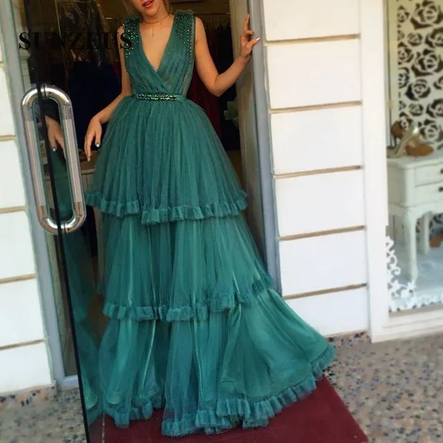 slim fit dress slacks Wedtrend Women Sparkly Dark Green Prom Dress Tulle A-Line Corset Spaghetti Straps Sequins Tiered Formal Dress with Appliques, Dark Green / US22W