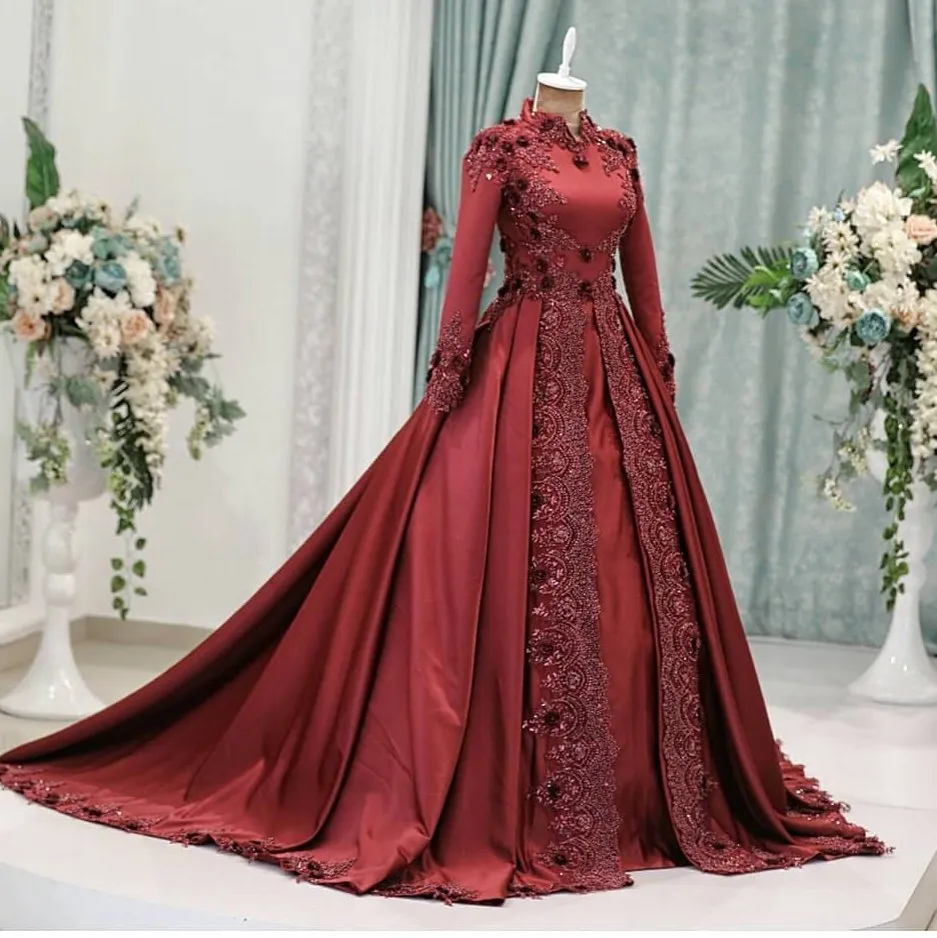 Donkere rode Arabische moslimavondjurken met lange mouwen kralen hoge nek baljurk prom -jurken vestidos de fiesta 3d appliqued formele jurk 407