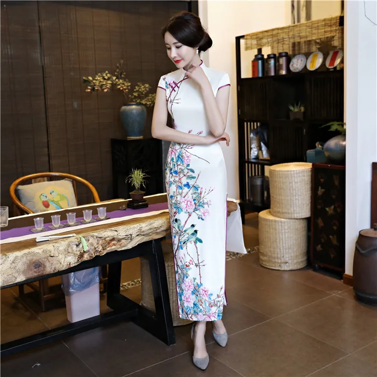 2020 impresso tradicional chinesa Cheongsams Longo baratos Bainha Dividir alta Neck Verão Mulheres Cheongsam formal Vestidos Vintage