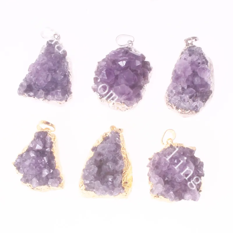 Naturalny Ametyst Druzy Klaster Wisiorek Złoty Zanurzony Amethyst Druze Posrebrzany Purpurowy Amethyst Geode Surowy Freeform Gemstone Point Wisiorek