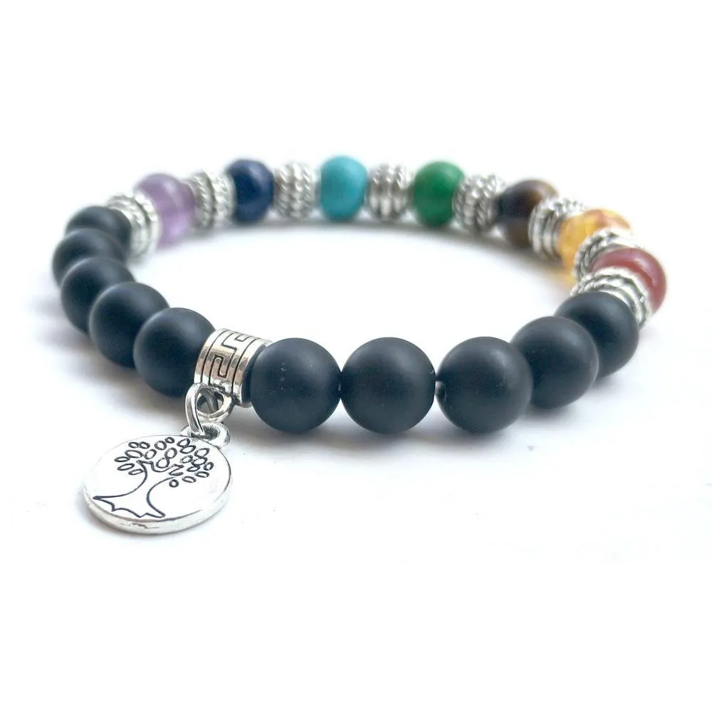 Tree Of Life OM Pendant Bracelet With Natural Black Agate Stone Charm ...