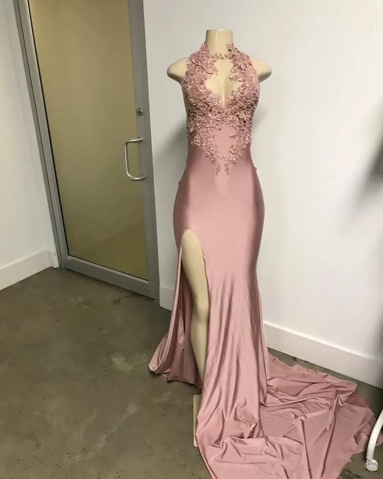 2018 Split Pink Prom Dresses African Mermaid Party Dresses Lace High Thigh Slit Evening Gowns Appliqued Celebrity Dresses