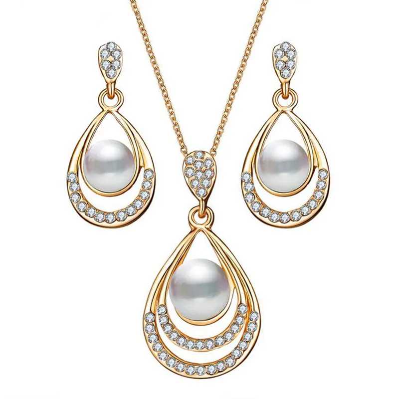 Collier et boucles d'oreilles en cristal pour femmes, couleur or, goutte d'eau, imitation de perles, ensemble de bijoux pour fête de mariage