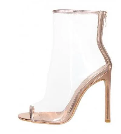 2018 Sexy Verão Senhoras Lucency PVC Peep toe Ankle Boots Hemmed Stiletto Mulheres De Salto Alto Transparente Street Moda Bottines