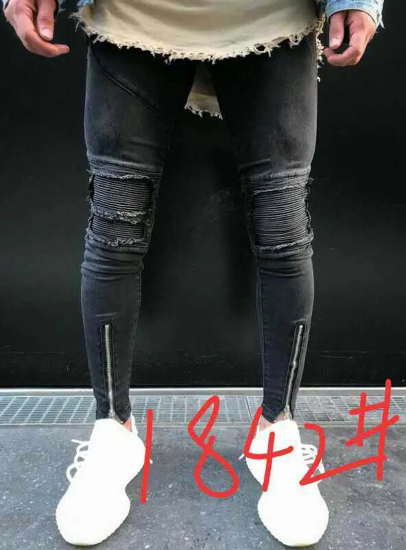 Skinny jeans voor heren Casual slanke bikerjeans Denim kniegat hiphop gescheurde broek gewassen Hoge kwaliteit231P