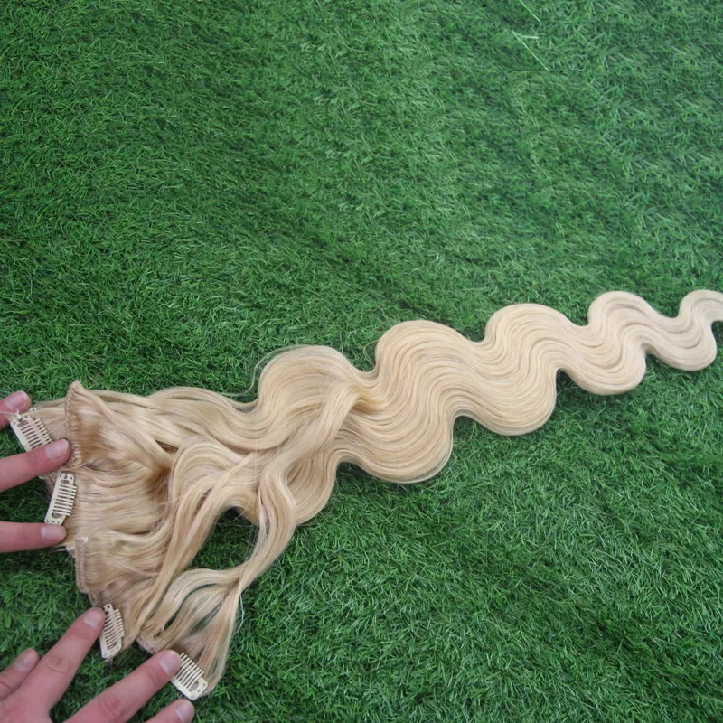 7 pezzi/pacco 613 candeggina bionda brasiliana fatta a macchina clip onda del corpo Remy nelle estensioni dei capelli umani