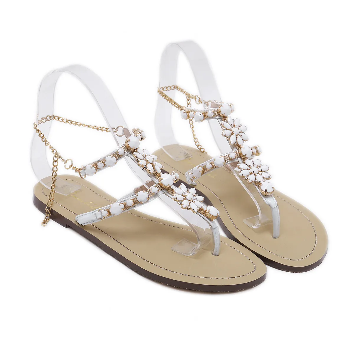 Stunning Bling Bling Woman Sandals Women Shoes Rhinestones Chains Thong Gladiator Flat Sandals Crystal Chaussure Plus Size 46 Tenis Feminino