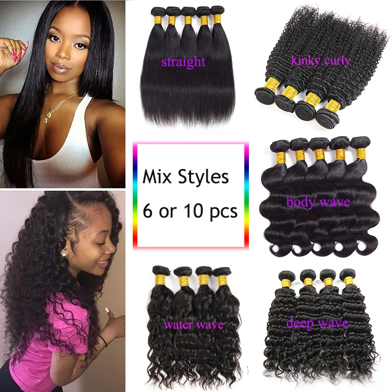 Brasilianska Peruvian Deep Water Wave Mänskliga Hårväv 6 eller 10 Bundlar Indisk Body Wave Straight Kinky Curly Hair Extensions Remy Human Hair