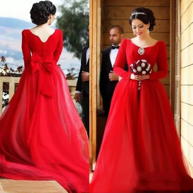 Decote colher vermelho noite mangas compridas baile de volta vestidos de festa com zíper com arco em camadas plissado vestidos formais feitos sob encomenda