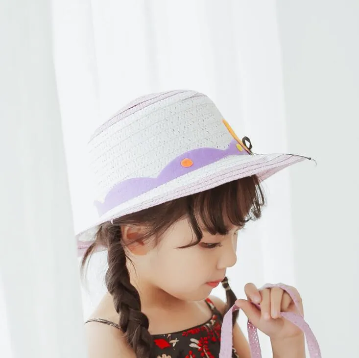 Nice children straw hats with cartoon bowknot creative baby hats girls bucket hat boys cap witch beach hat panama caps free ship