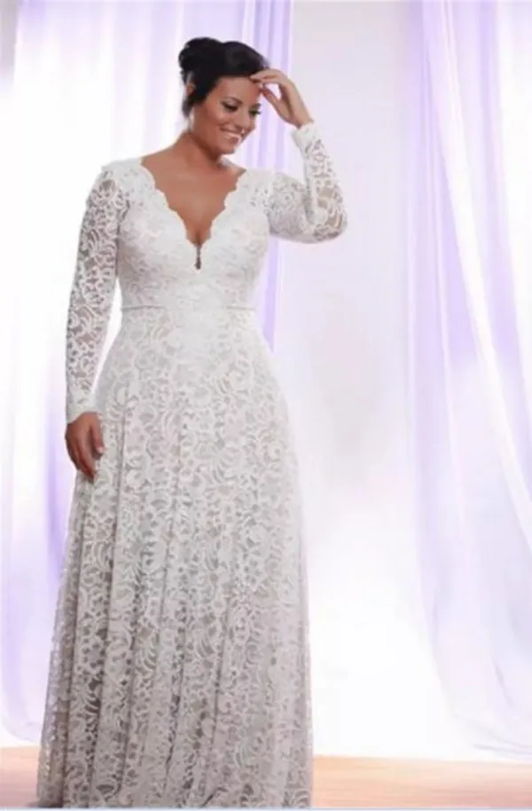 Cheap Full Lace Plus Size Wedding Dresses With Removable Long Sleeves Deep V Neck Bridal Gowns Floor Length Sheath A Line Wedding Gown