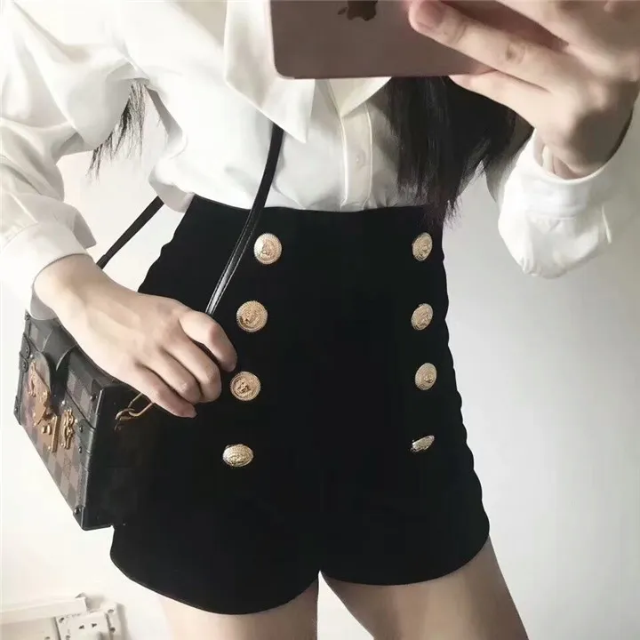 New design fashion women sexy high waist velvet gold color buttons double breasted shorts boot cut short pants SMLXL