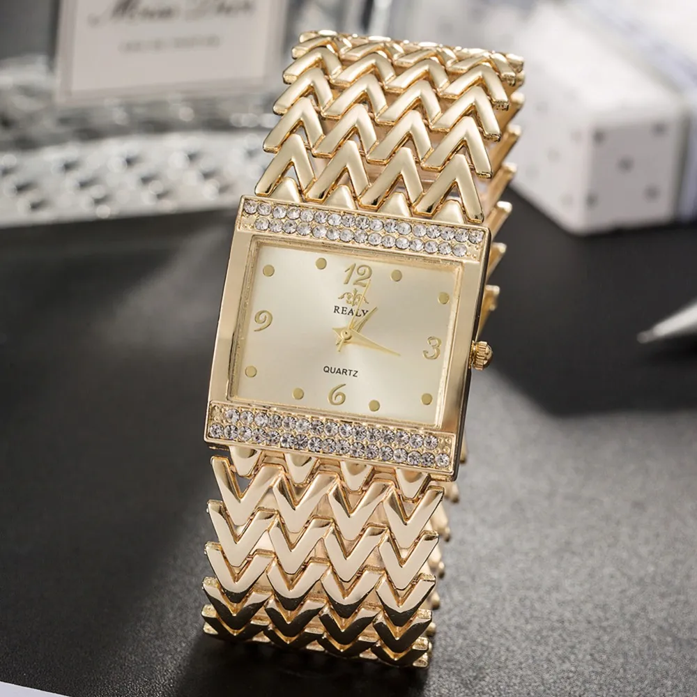 Grealy Women's Square WristWatches da polso 2018 Nuovo orologio Diamond Watch Womet Watches Braccialetto oro / oro rosa / argento banda con scatola