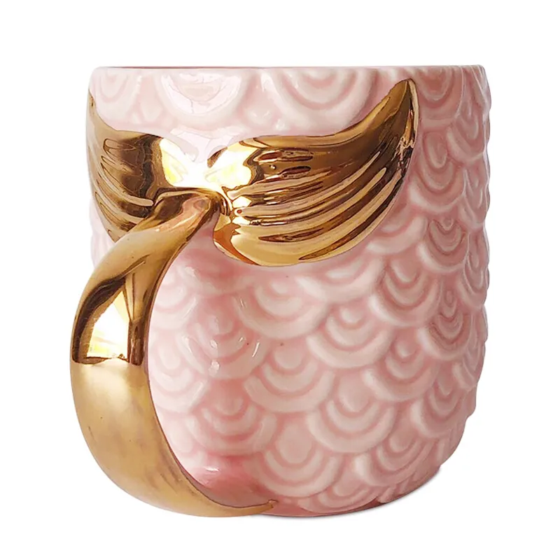 420 ml 14 oz caneca de sereia azul rosa com ouro peixes cauda maçaneta romance caneca de leite beber suprimentos de casamento Dec443