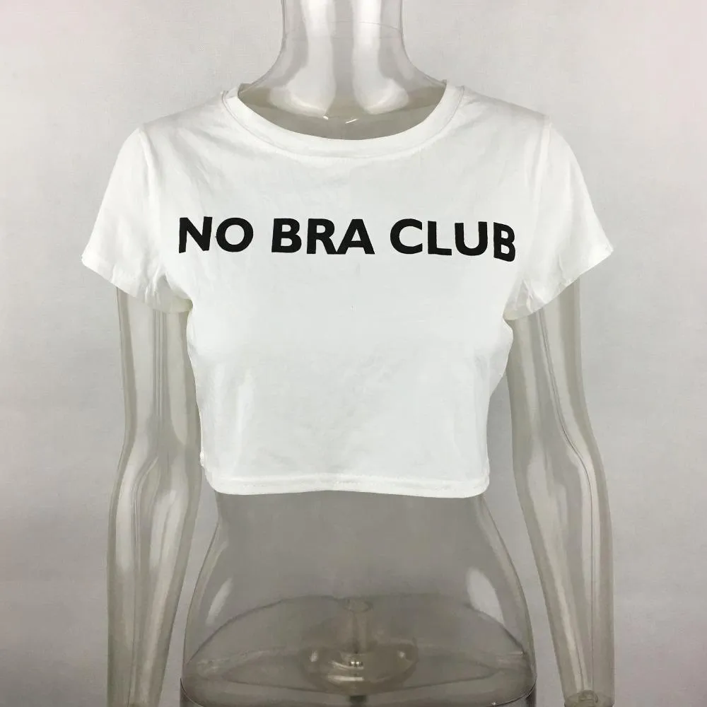 2018 nieuwe sexy bijgesneden t-shirt vrouwen nee beha club print t-shirt vrouwen mode katoenen tee shirt femme crop top vrouw kleding