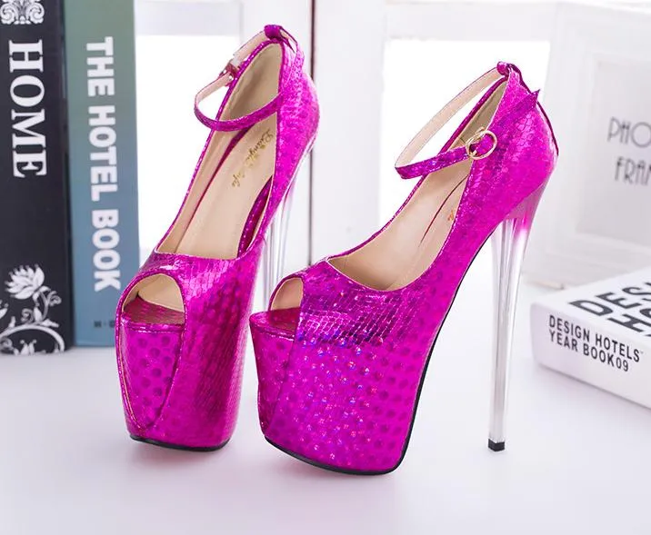 Glitter Fuchsia Ankle Strap Peep Toe Platform Pumps High Heels Party Prom Shoes Big Size 35 To 40 41 42 43