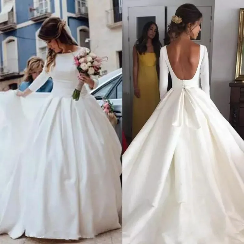 Outono 2018 vestidos de casamento de manga comprida do vintage tripulação pescoço grande a linha tribunal trem baixo corte de cetim barato nupcial país vestidos de casamento