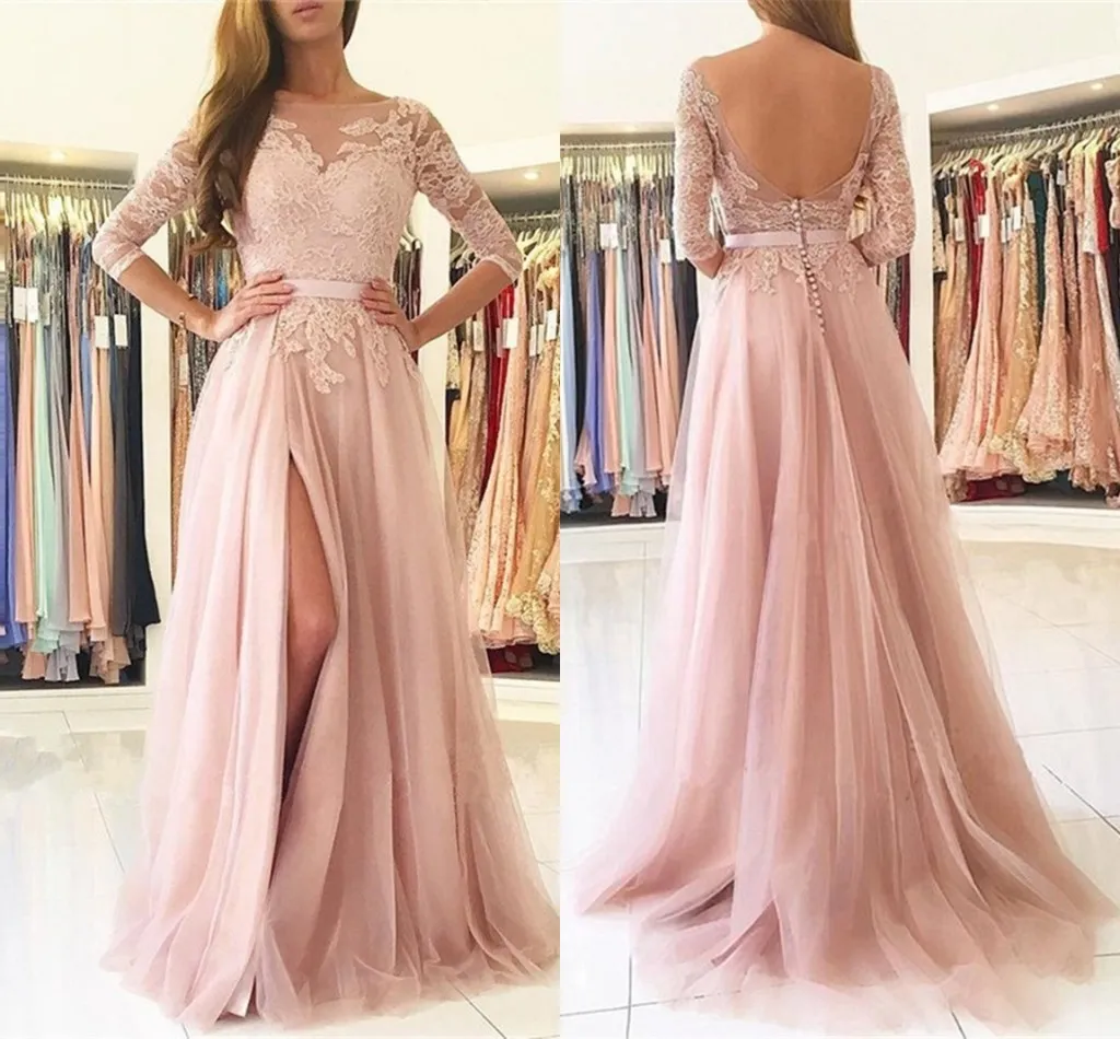 Vestidos de noite rosa blush com mangas 3/4 Apliques A-Line Apliques Tulle Split-Front Dress Vesti