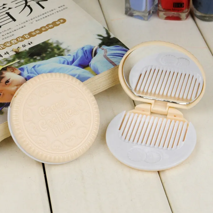 Cute Chocolate Cookie Shaped Design Makeup Mirror with Comb Lady Women Makeup Tool Pocket Mirror Home Office Use