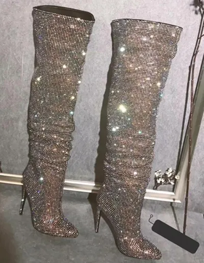 Sparkling Rhinestone Drilled Stiletto Sparkly Boots For Women Slip On Thigh Booties With Pointed Toe High Heel And Glitter Crystal Embellishments Perfect For Spring From Factory Heeledshoes Bulk 145.7...