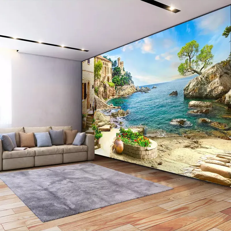 Personnalisé 3D Po Papier Peint Château Jardin Vue Sur La Mer Peinture Murale Salon Canapé Chambre Décoration Murale Papel De Parede 3D250V