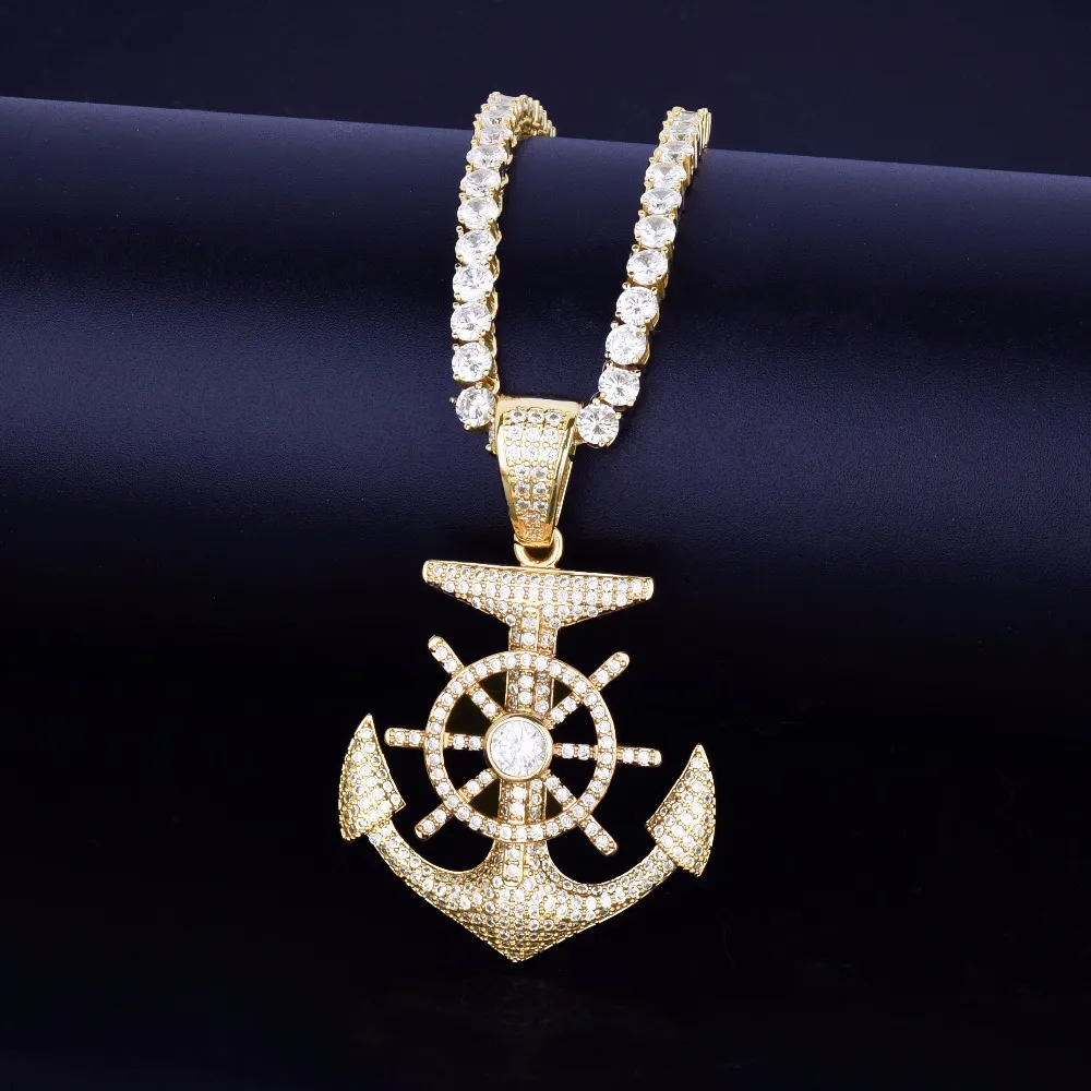 Mens Gold Anchor Gold Anchor Pendant With Cubic Zircon And Tennis Chain
