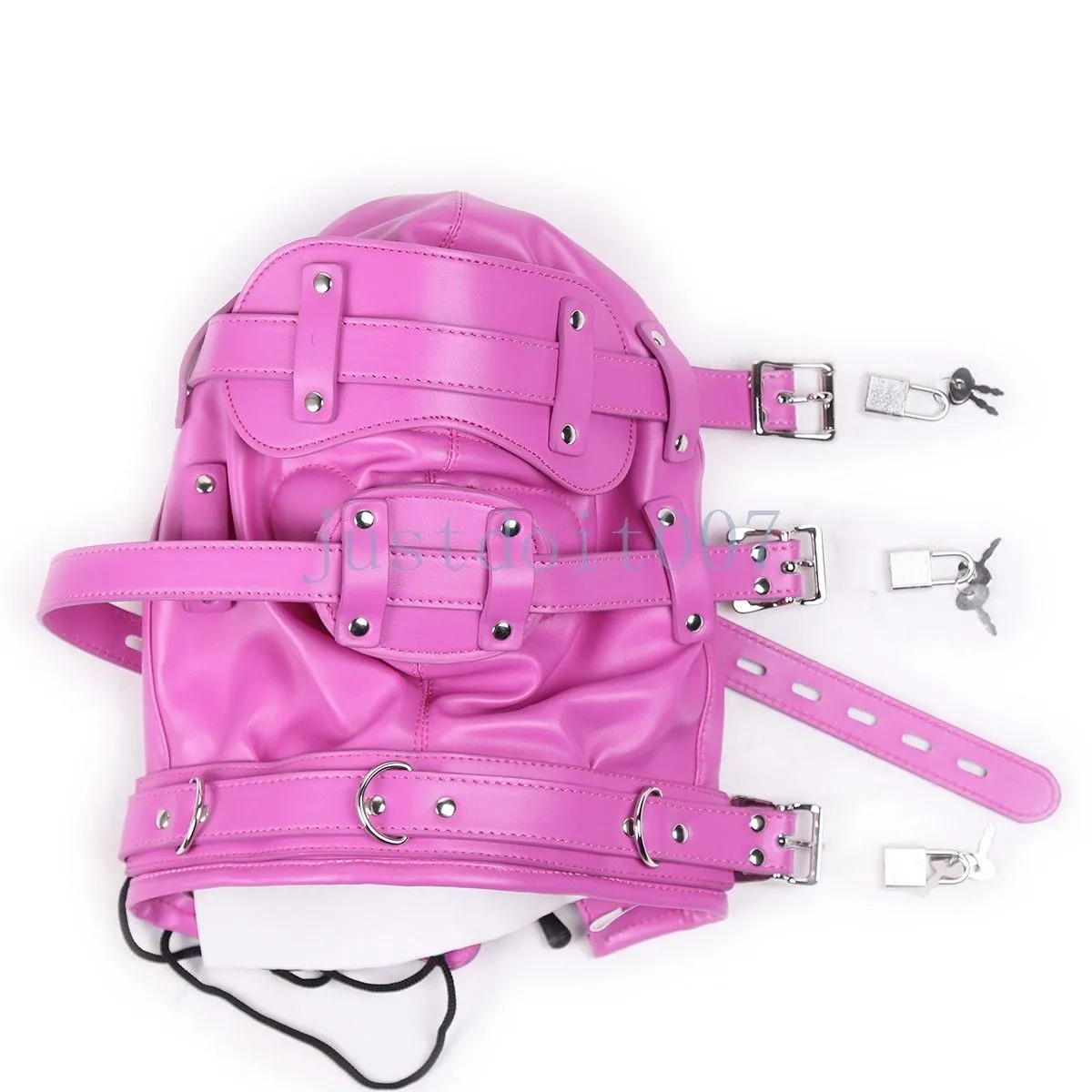 Bondage Lockable PU Leather Gimp Hood Sensory Deprivation Mask Blindfold Plug mouth Gag Sex Games Toy #E94