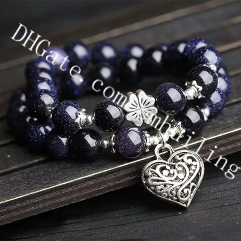 10Pcs 10mm Sparkly Blue Sandstone Bead Tibetan Silver Love Heart Charm Pendant Elastic Stretch Bracelet Valentine's Day Gift for Male Female