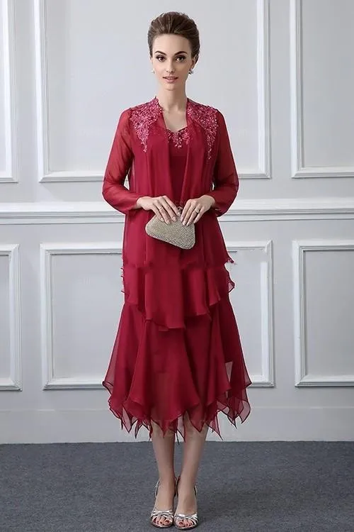 Dark Red Formal Two Pieces Mother Of The Bride Dresses V Neck Appliques Mermaid Tea Length Wedding Guest Gowns Mother Dress With Coat