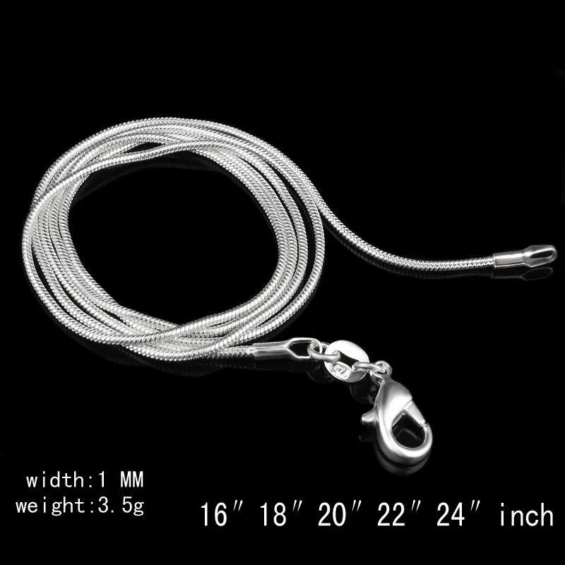 1mm ormkedja halsband 925 sterling silver halsband mode kedjor kvinnor smycken halsband diy tillbehör billigt pris 16 18 20 22 24 tum