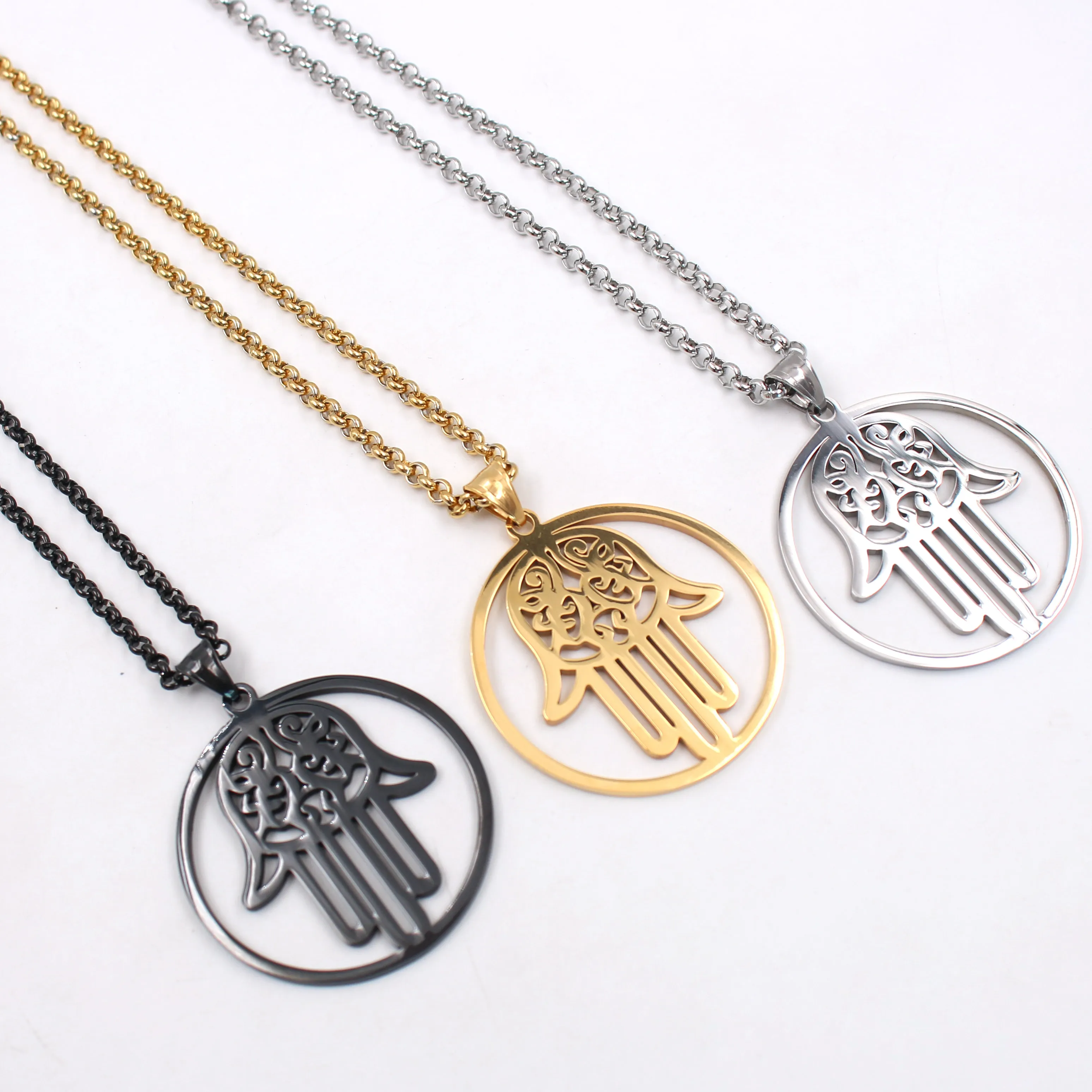 thumbnail image 2 of Men's Silver Hamsa Hand Of Fatima Pendant Necklace – 24" Braided Chain, Evil Eye Protection Jewelry, Hip Hop Style 2 of 4