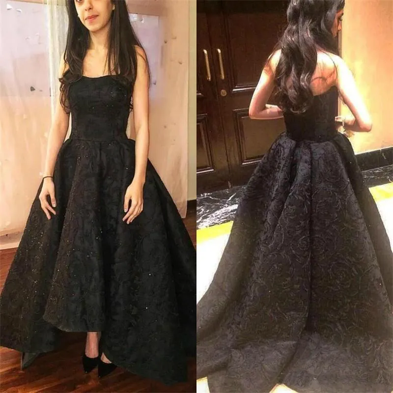 Vintage Alta Baixa Preto 2018 Vestidos de Baile Sem Alças Lace Appliqued Beads Evening Vestidos Custom Made Vestido de Festa Formal