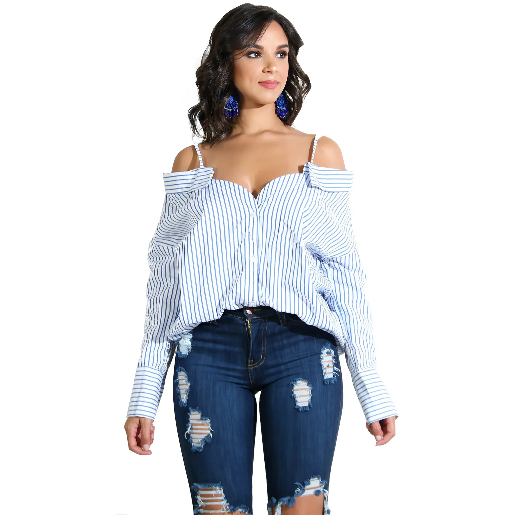 2018 Blusa de algodón Tops del hombro Mujer Camisa de rayas Blusa de alta