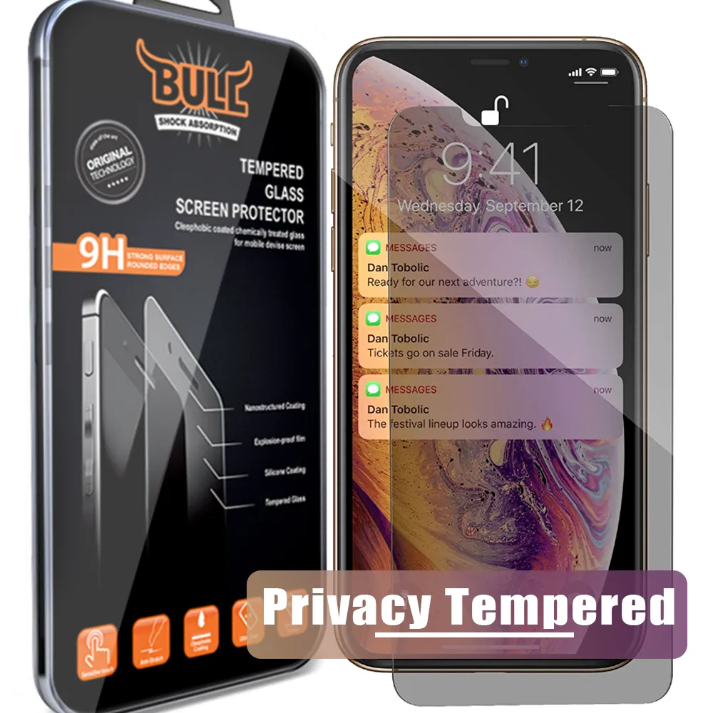 För iPhone XR XS Max X 8 7 6 Sekretess tempererat glas för S7 Skärmskydd LCD Anti-Spy Film Skärmskyddsskydd för Samsung S6 / S5