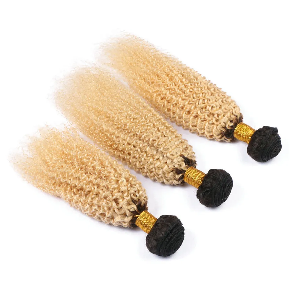 Fasci di capelli umani biondi afro crespi 3 pezzi / lotto capelli vergini brasiliani tesse 1b 613 fasci di capelli biondi bicolore ricci crespi radici scure